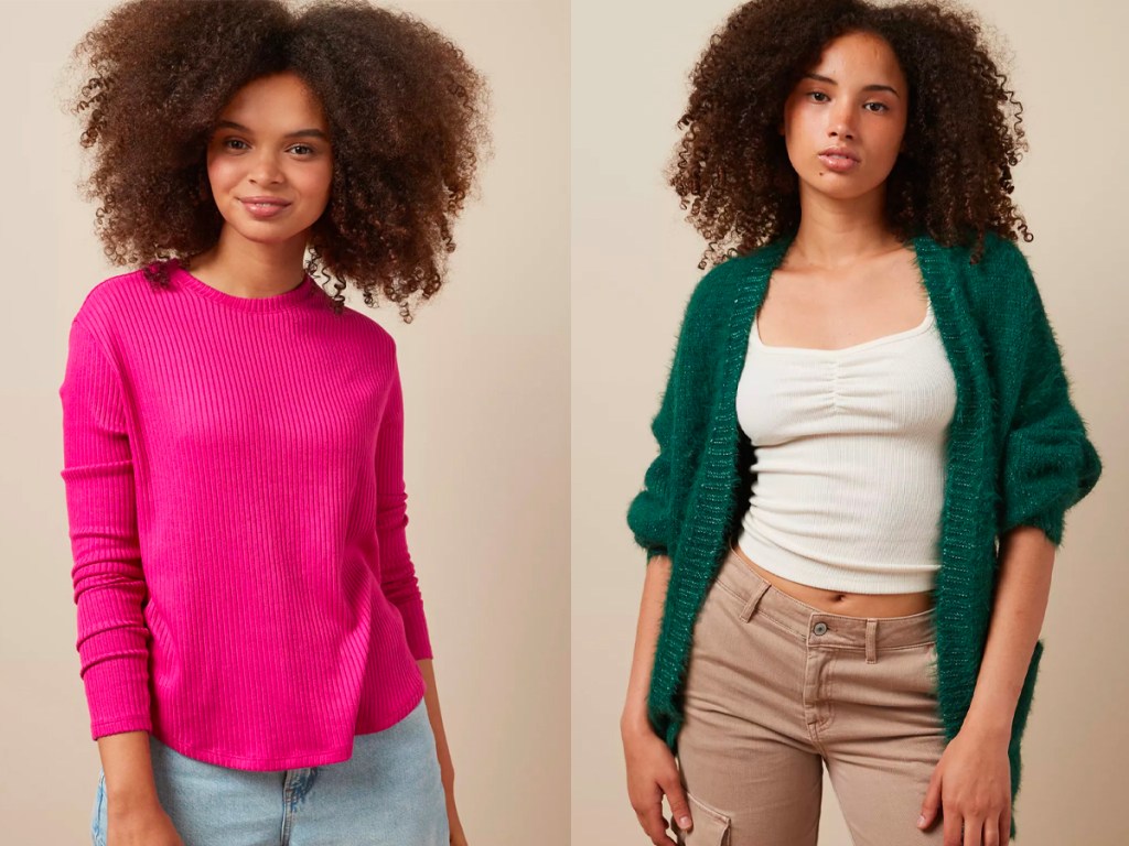two women wearing pink long sleeve tee and green cadigan