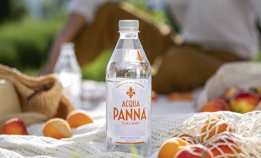 An acqua panna bottle sitting on a picnic blanket