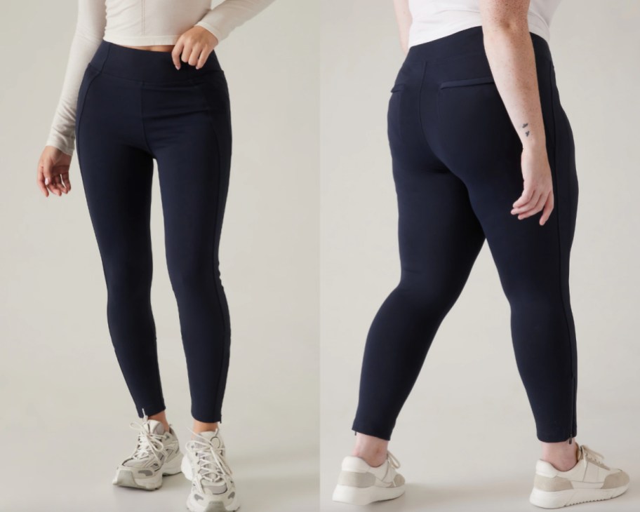 women wearing navy blue leggings showing front and back