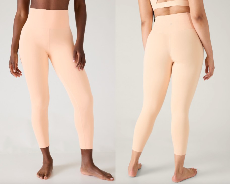 women wearing peach leggings showing front and back