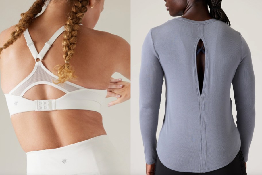 white open back sports bra and grey open back long sleeve top