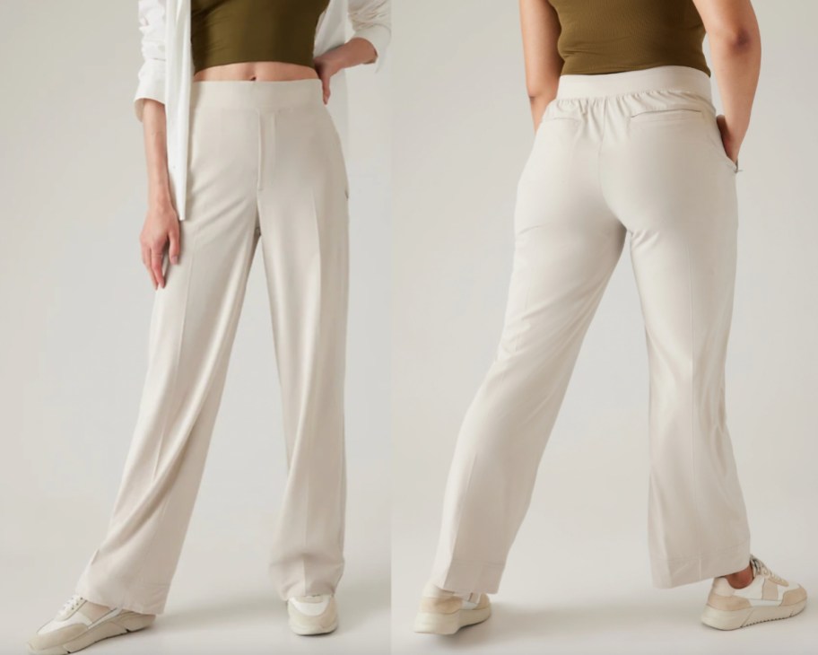 athleta khaki wide leg trousers showing front and back