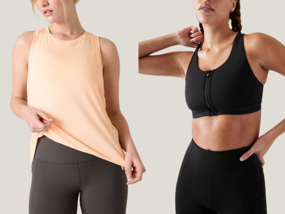 women wearing Athleta clothing, 1 in tank top and leggings, other in sprots bra and leggings