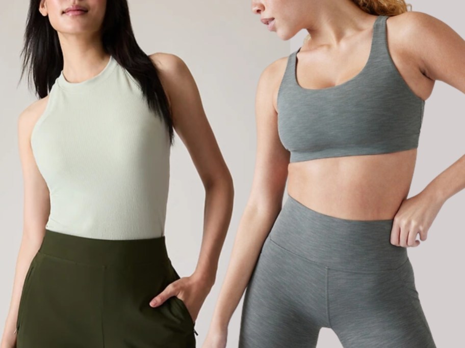 women wearing Athleta clothing, 1 in a tank and joggers, the other in a sports bra and leggings