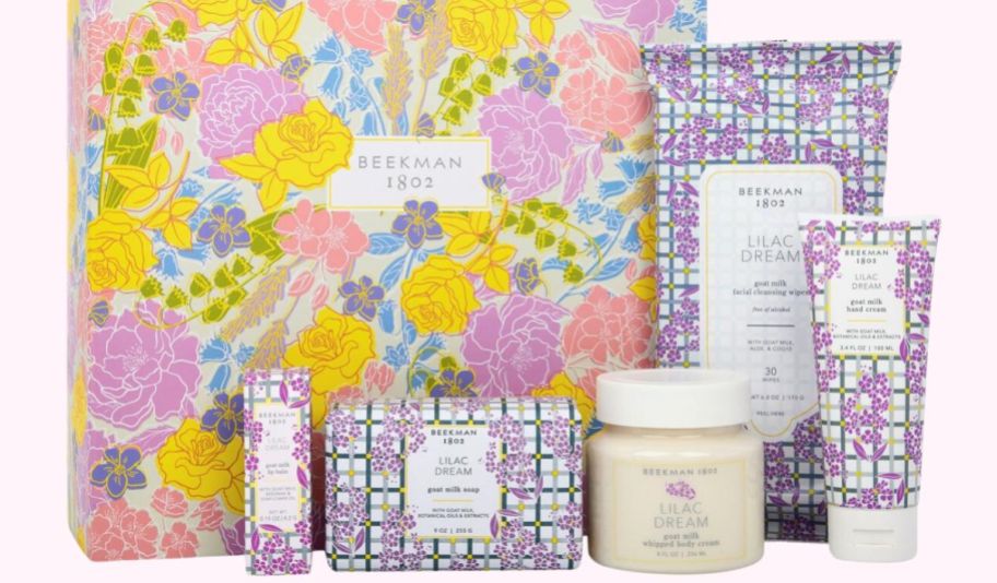a five piece body care set shown with floral spring gift box in lilac dream