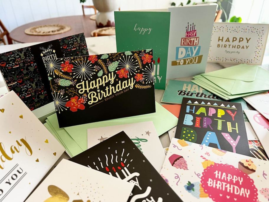 various happy birthday cards sitting on countertop