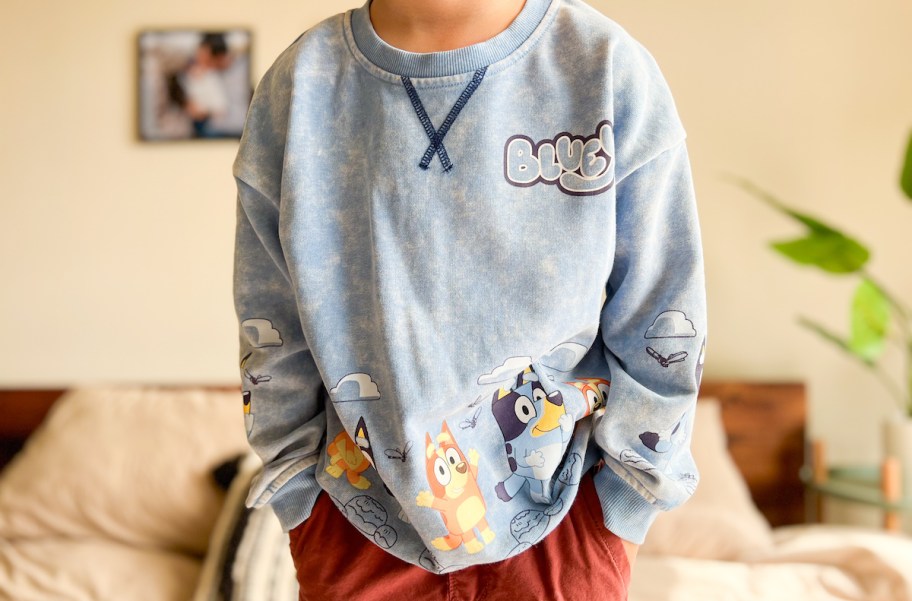 boy in bluey sweatshirt pullover