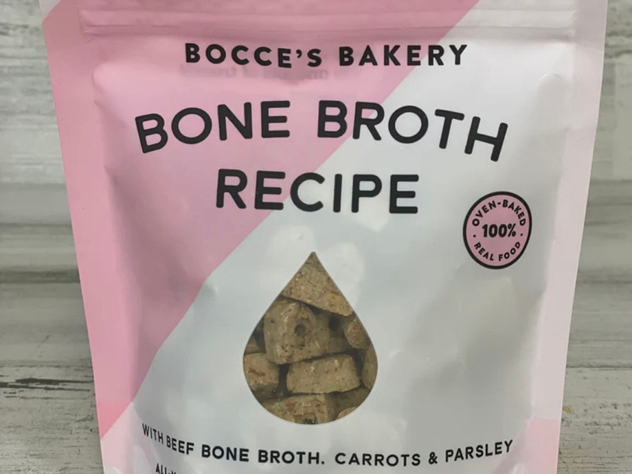 bocce's bone broth dog treats bag on table