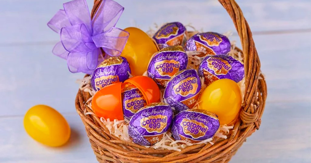 basket full of cadbury caramel eggs with purple bow