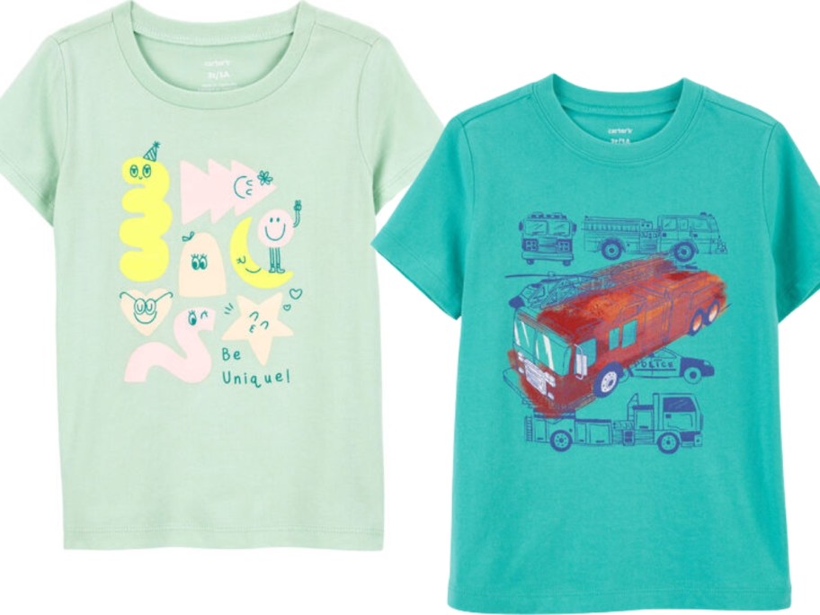 light green toddle tshirt with characters that says "Be Unique" and teal green toddler tshirt with a red firetruck