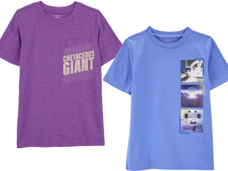 kid's purple dinosaur tshirt and blue racing tshirt