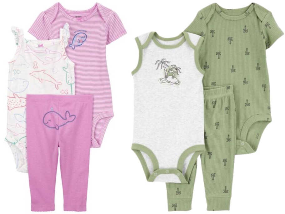 baby 3 piece clothing set pink and white with whales and green and white with palm trees