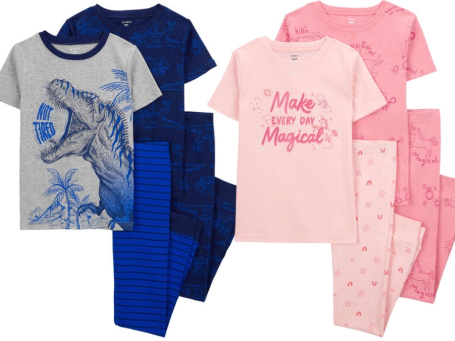 kid's 4 piece pajama sets, one blue, grey and black with dinosaurs and one pink with unicorns