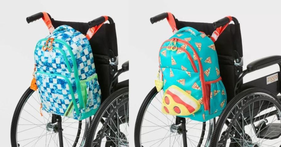 two cat and jack adaptive backpacks on the back of wheelchairs