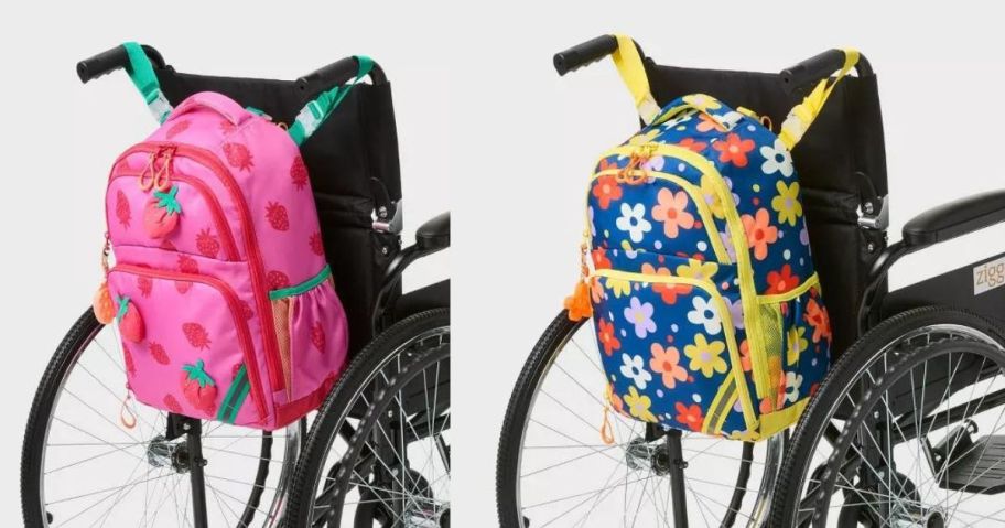 two cat and jack adaptive backpacks on the back of wheelchairs