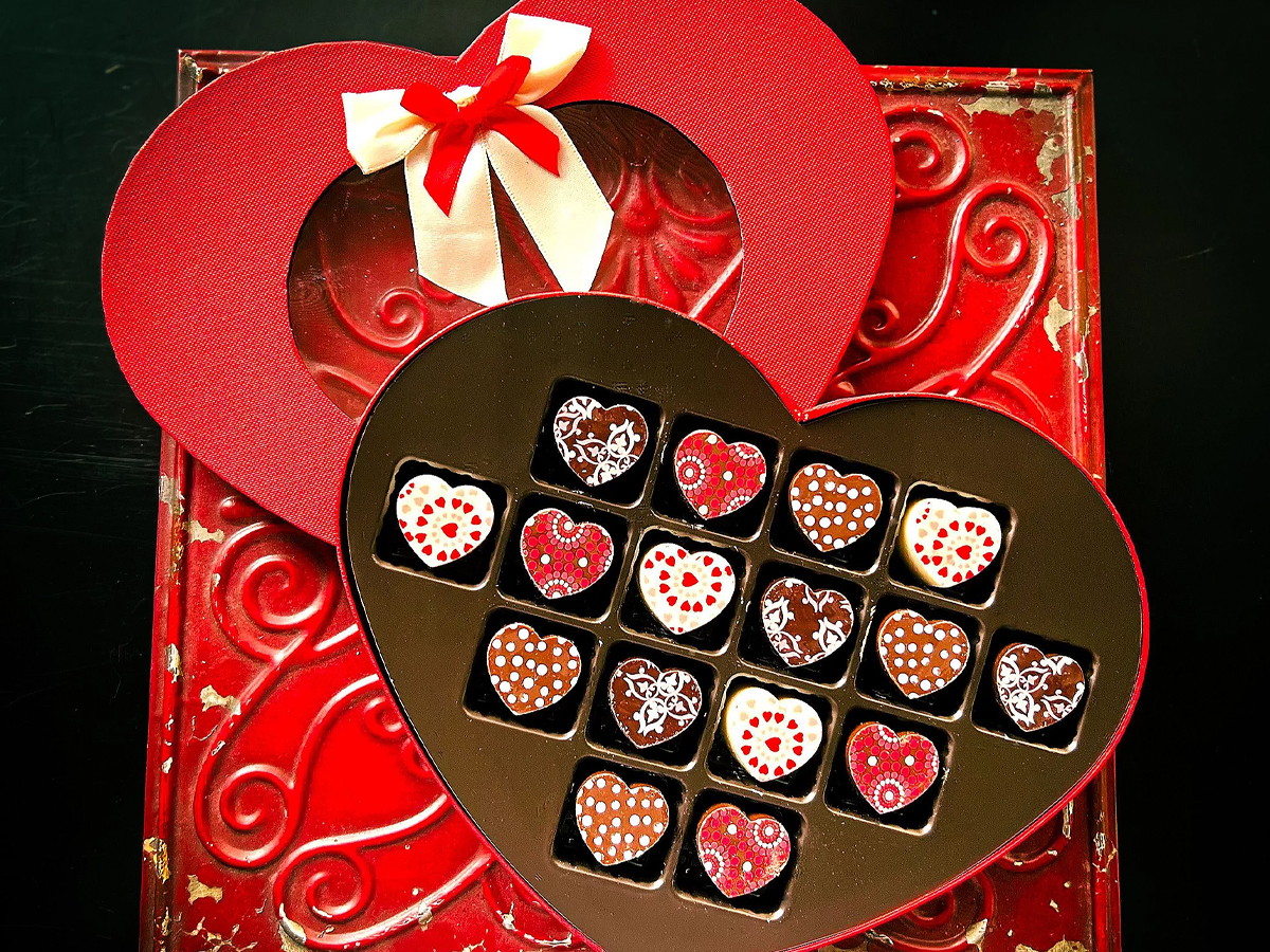 chocolate works belgian chocolates box open with heart chocolates inside