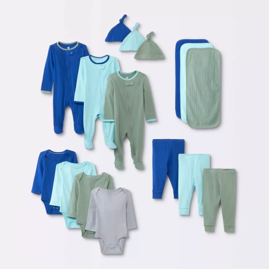 various baby boy's clothing items and burp clothes in blues, greens and greys
