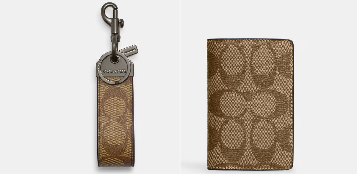 brown coach key fob and wallet