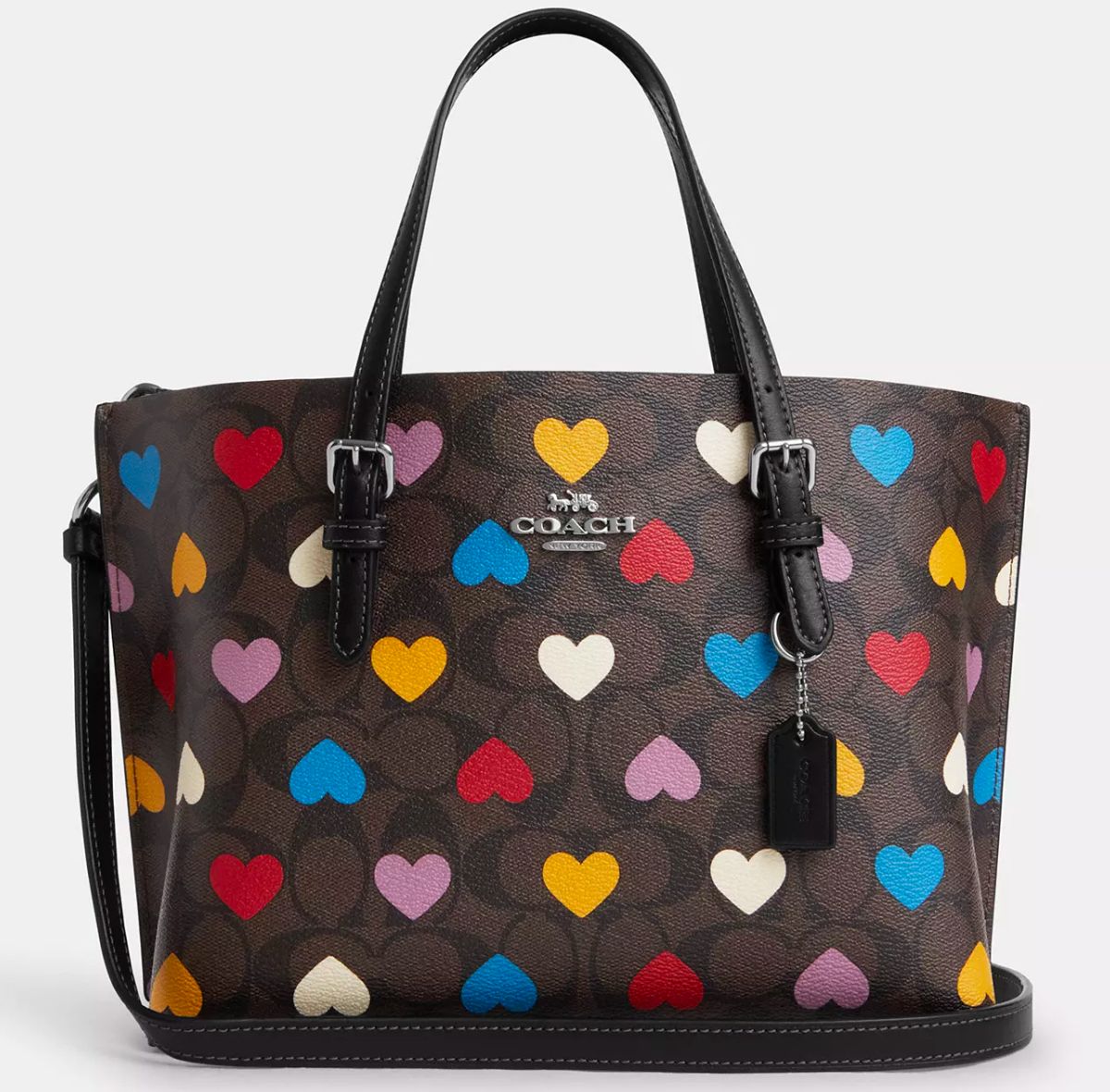 a large tote with all over colorful heart pattern 