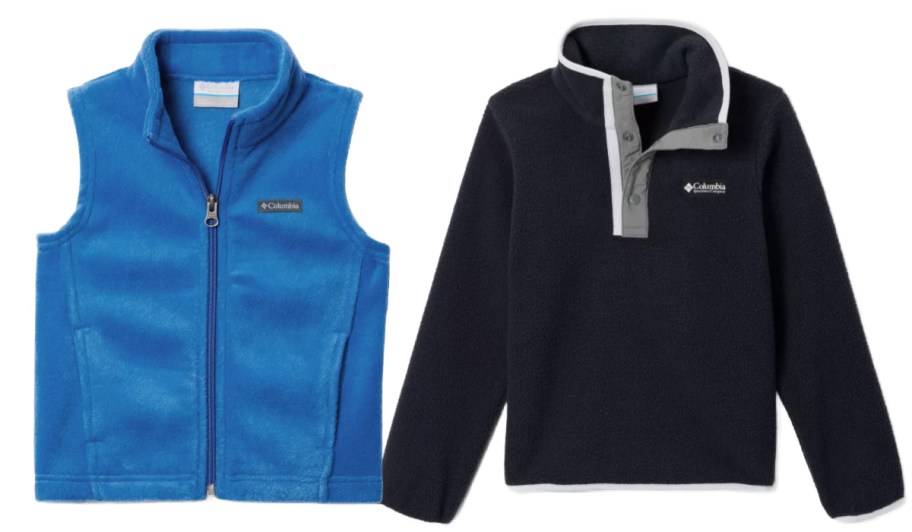 kids blue fleece vest and black fleece jacket