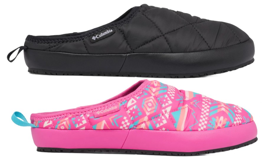 kids pink and black puffer mules