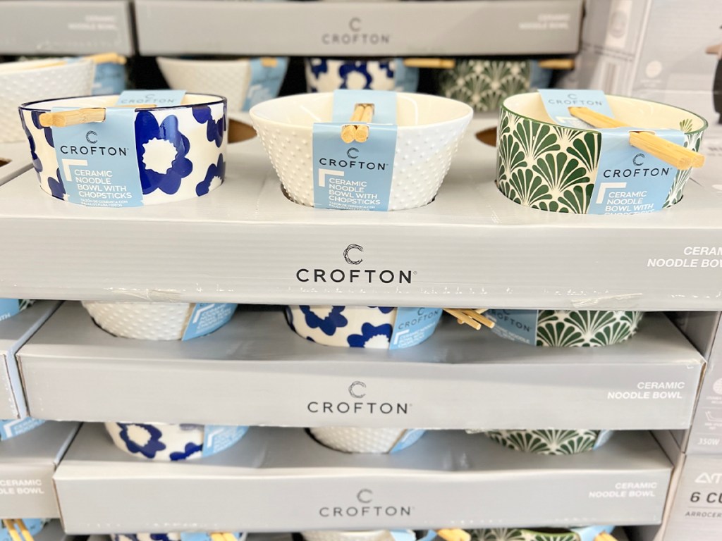 crofton noodle bowls on display in aldi store navy with flowers, green and white