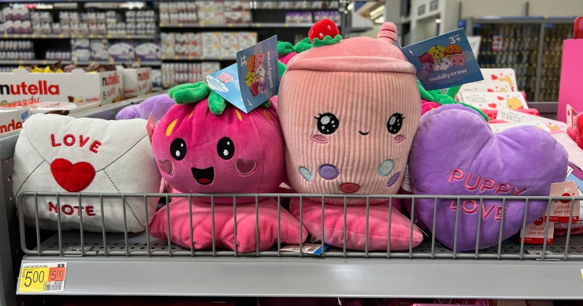 cuddly crew valentines plush friends on a shelf in a walmart 