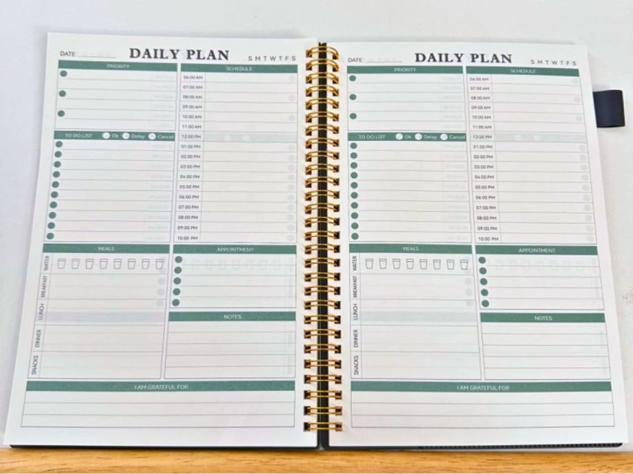 a spiral bound daily planner opened to show page detail
