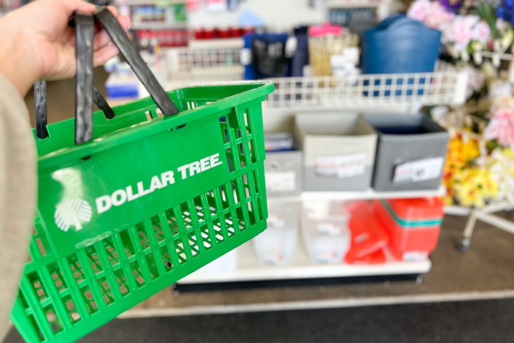 dollar tree basket in front of bins in store