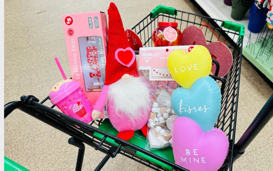 dollar tree cart filled with valentines day decor