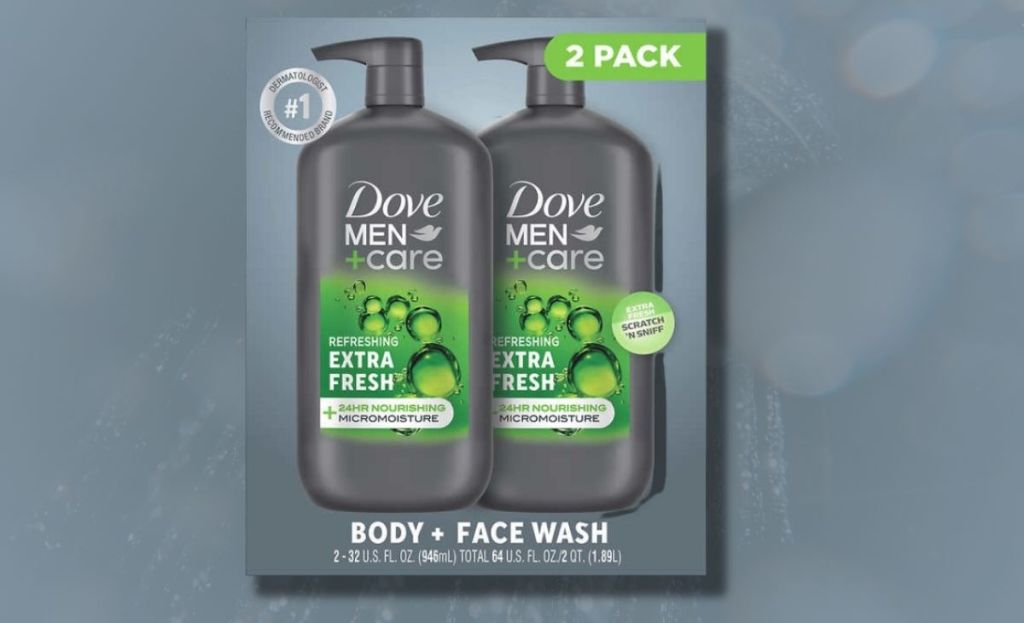 a twin pack of dove men body wash with grey background