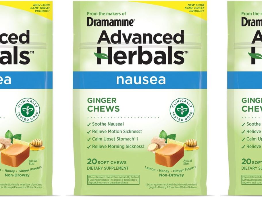 From the Makers of Dramamine, Advanced Herbals, Ginger Chews, Nausea Relief Soft Chews Lemon-Honey-Ginger, 20 Count stock image