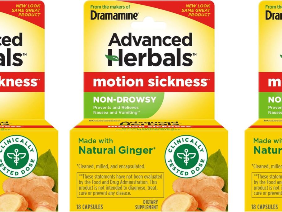 From the Makers of Dramamine, Advanced Herbals, Non-Drowsy, Motion Sickness Relief, Made with Natural Ginger, 18 Count stock image