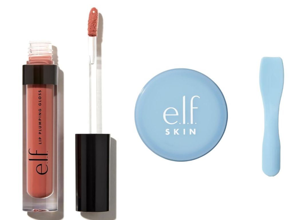 elf plumping lip gloss tube and applicator and an elf lip mask with applicator