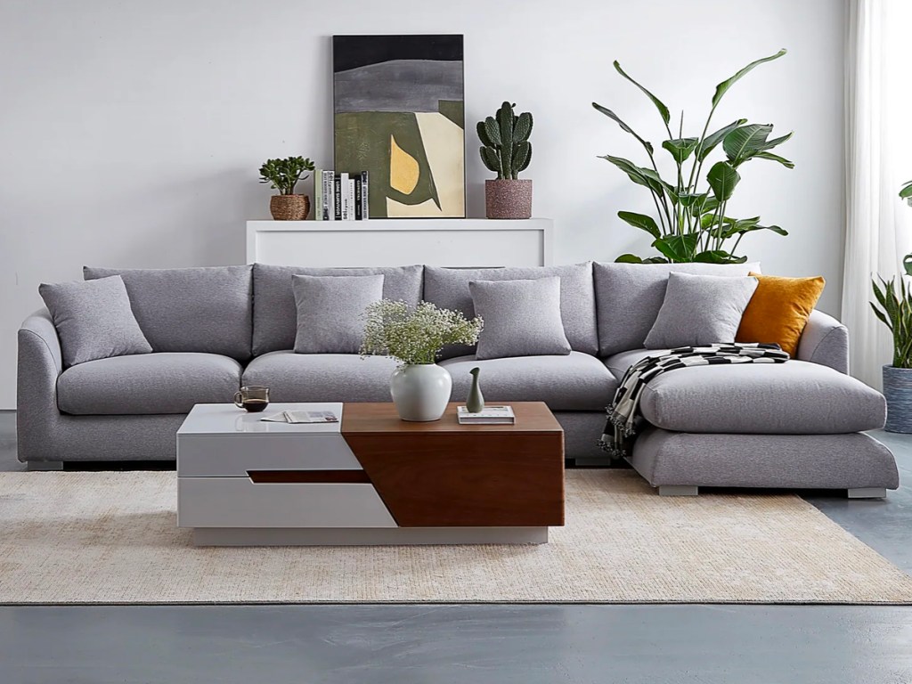 light grey feathers sectional in living room