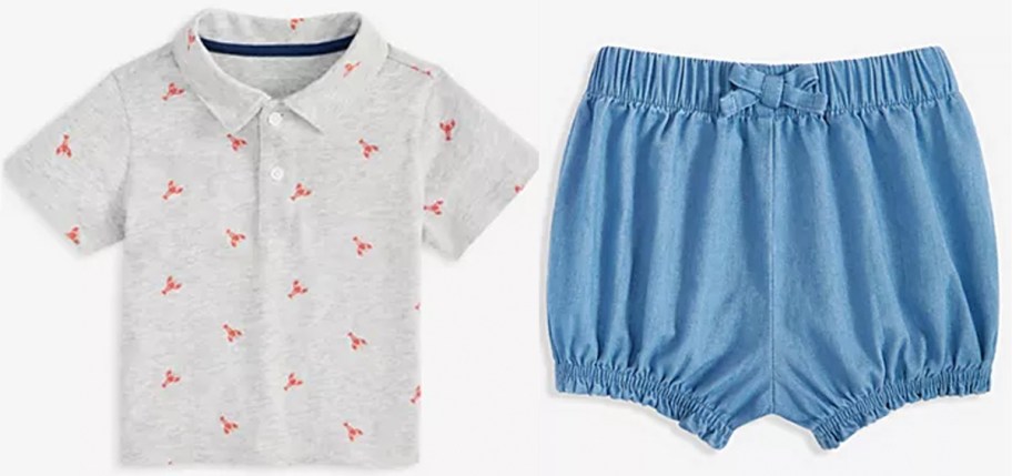 gray polo and blue shorts 