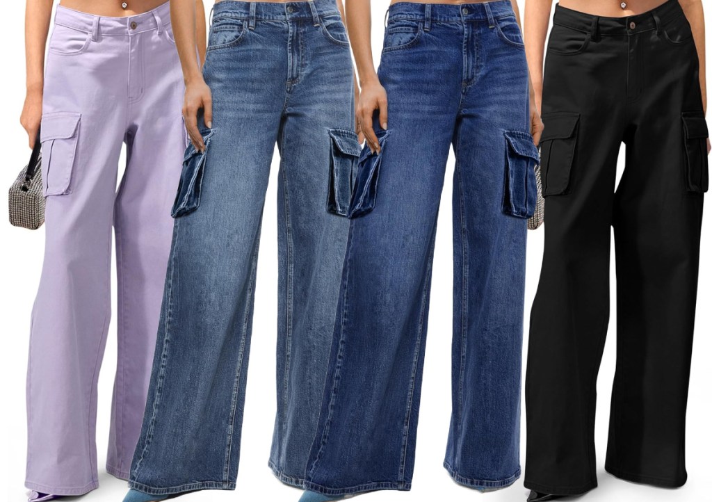 four different color women's cargo pants