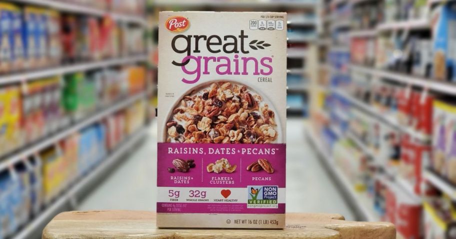 Great Grains Raisins Dates and Pecans Breakfast Cereal, Raisin Cereal with Sweet Dates and Granola Clusters, Non-GMO Project Verified, 16 OZ Box in store aisle