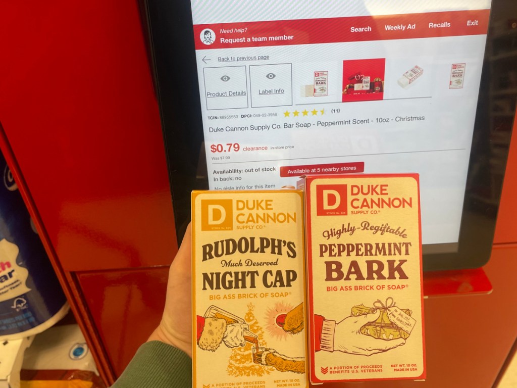 hand holding Duke Cannon Supply Co. Bar Soap in front of the price check at Target
