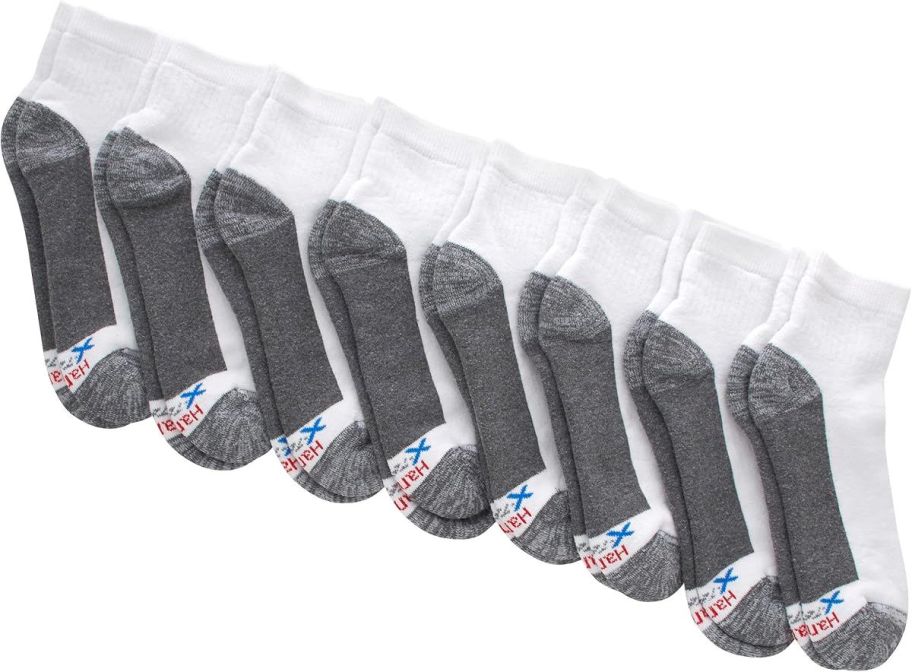 8 pair of hanes mens cushion ankle socks on a white background