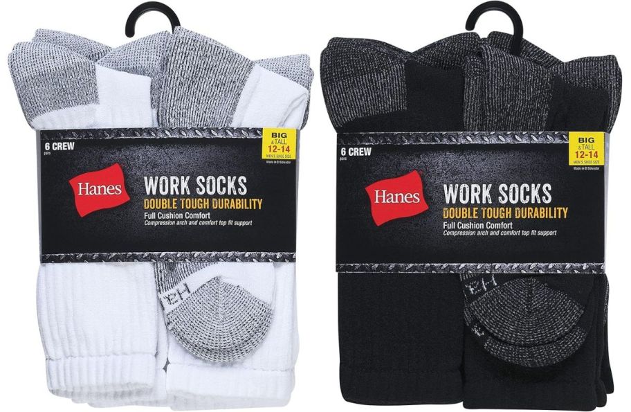 6 packs of mens hanes crew work socks in black and white