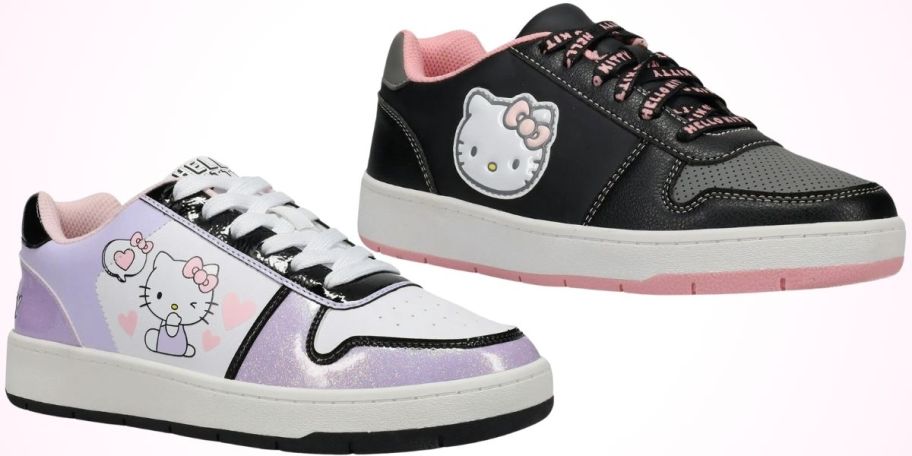 a purple and white and black and gray hello kitty sneakers