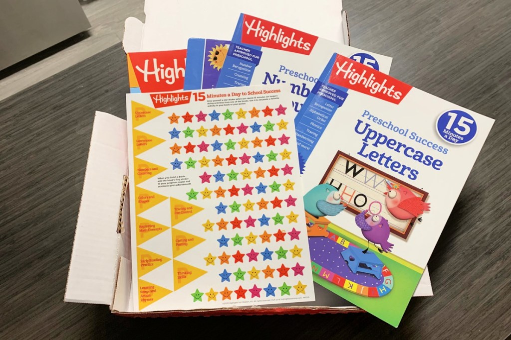highlights subscription box full of sticker sheets, and workbooks for kids