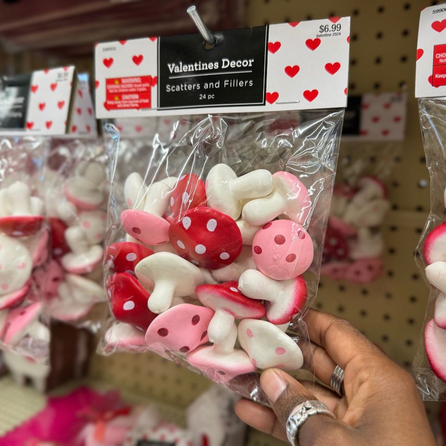 hand grabbing a bag of Red, White & Pink Mushroom Filler at Hobby Lobby 