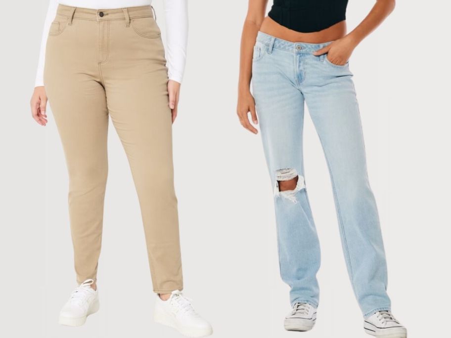 two pairs of hollister jeans on models with grey background