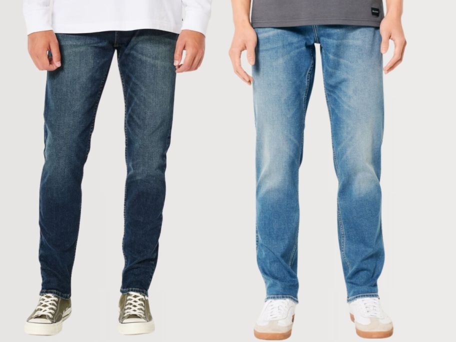 two pair of men's jeans on models with grey background