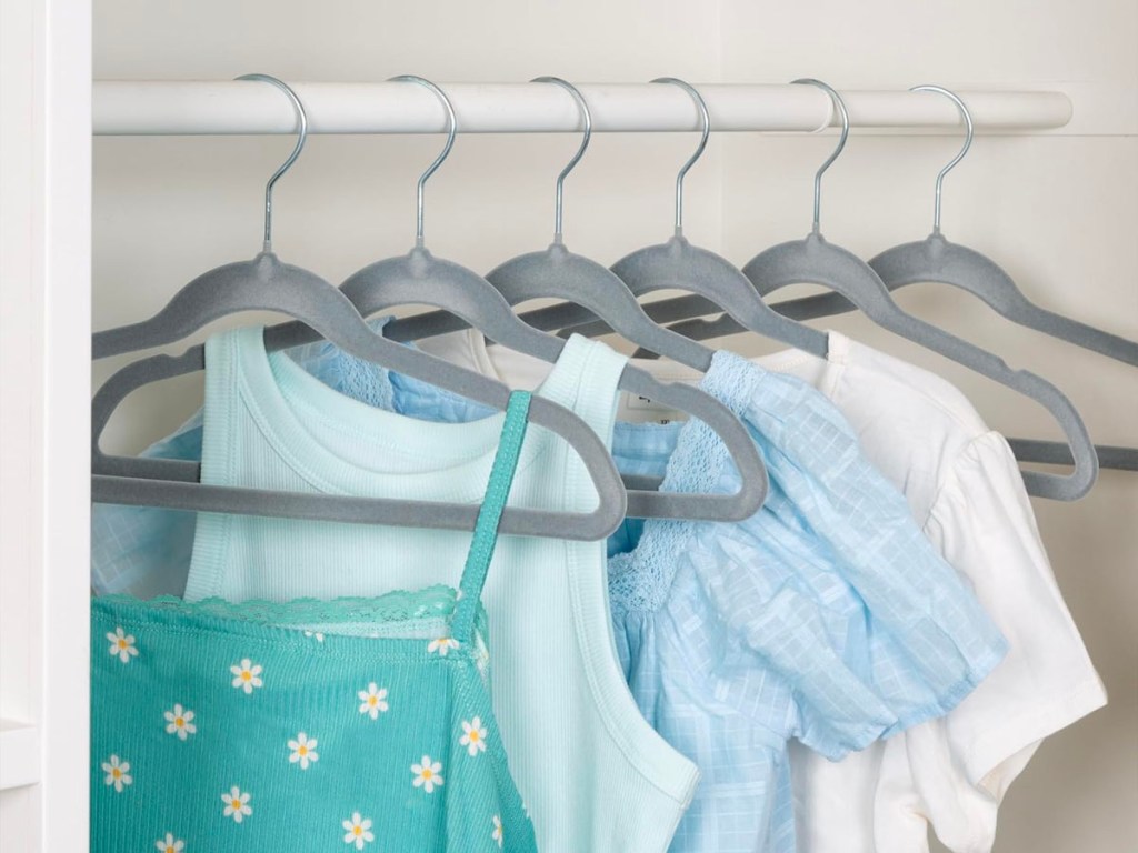 honey can do velvet grey kids hangers with clothes in closet