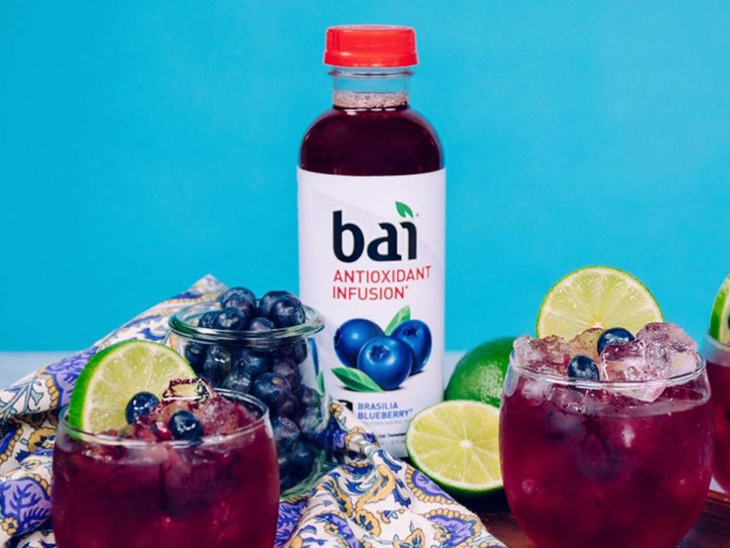 image of Bai Brasilia Blueberry Infused Flavored Water 18oz Bottles 12-Pack displayed with drinks