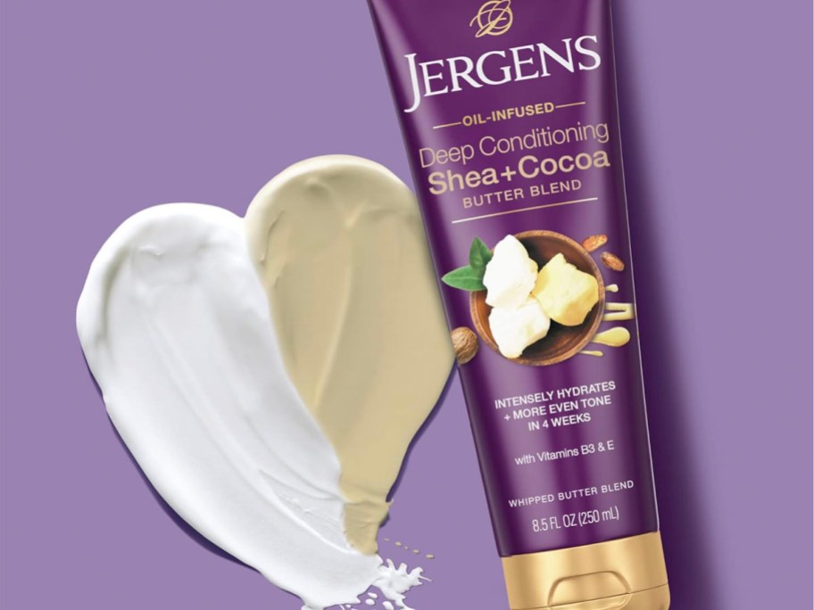 jergens shea and cocoa body lotion next to heart shaped lotion 