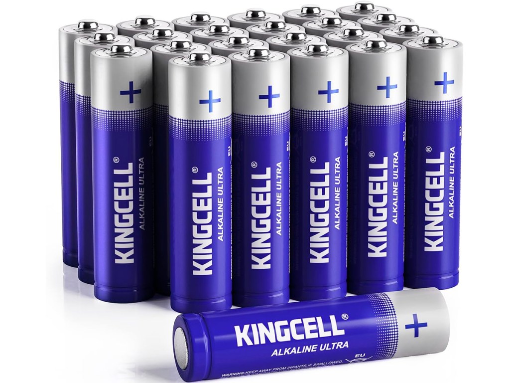 23 AAA kingcell batteries standing with one laying in front of them 